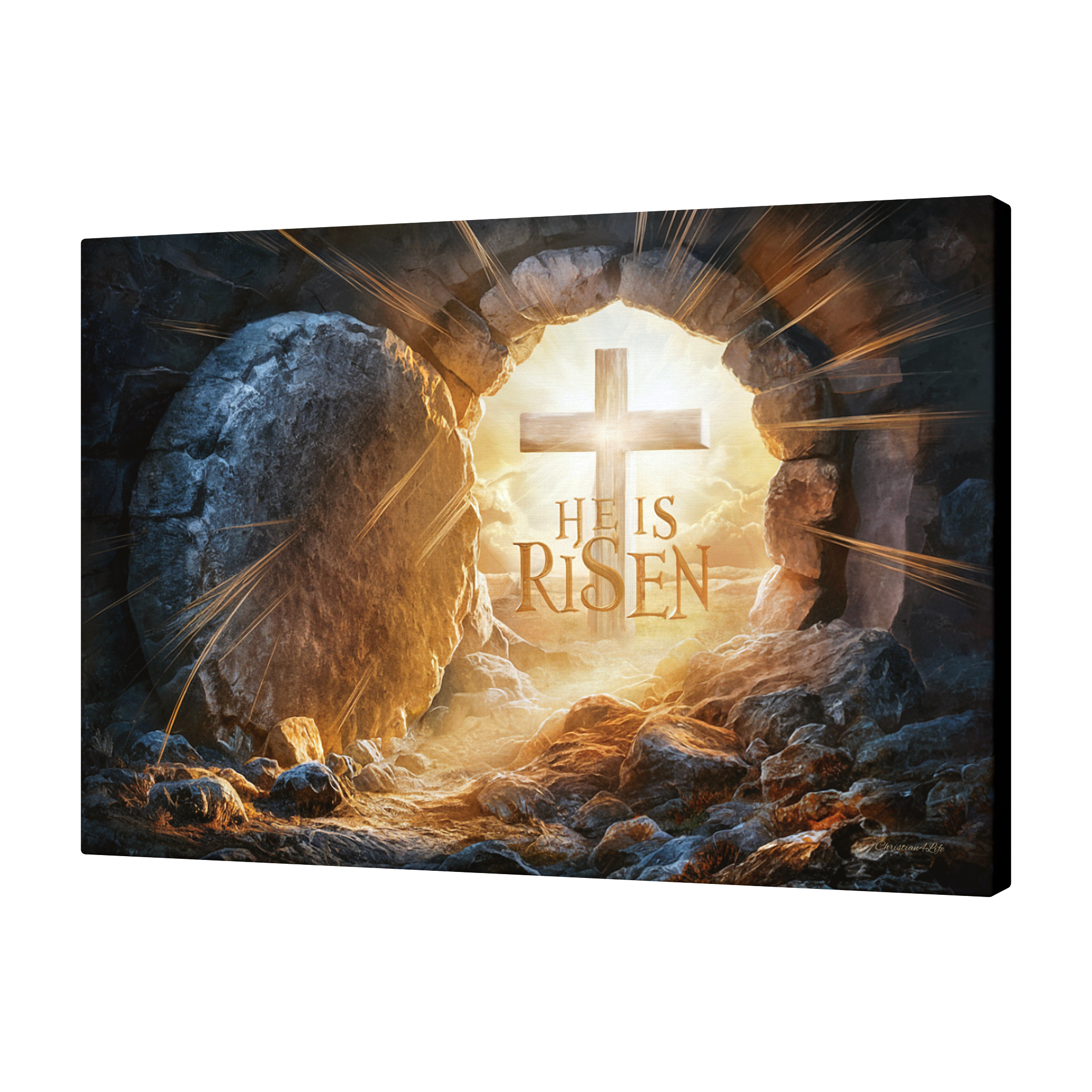 "He is Risen" -Open Tomb and Cross, Christian Gallery Wrapped Canvas, Easter Wall Art
