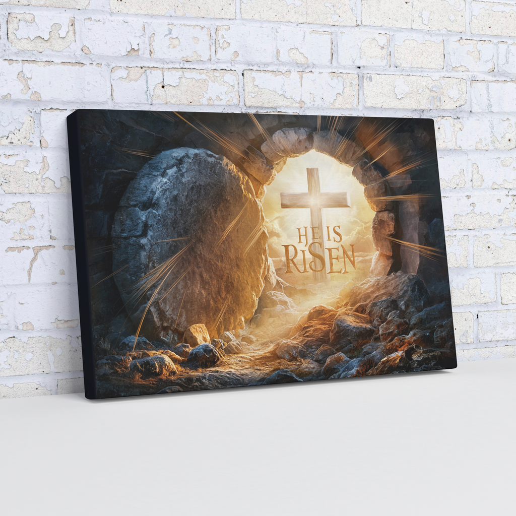 "He is Risen" -Open Tomb and Cross, Christian Gallery Wrapped Canvas, Easter Wall Art