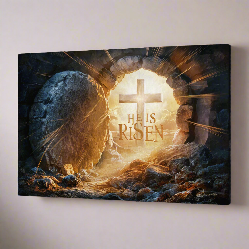 "He is Risen" -Open Tomb and Cross, Christian Gallery Wrapped Canvas, Easter Wall Art