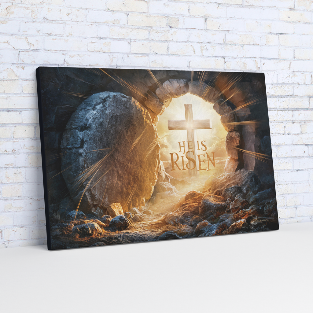 "He is Risen" -Open Tomb and Cross, Christian Gallery Wrapped Canvas, Easter Wall Art