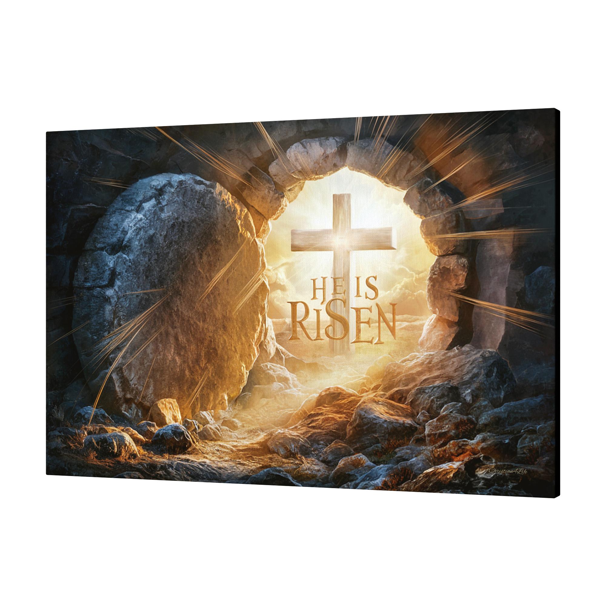 "He is Risen" -Open Tomb and Cross, Christian Gallery Wrapped Canvas, Easter Wall Art