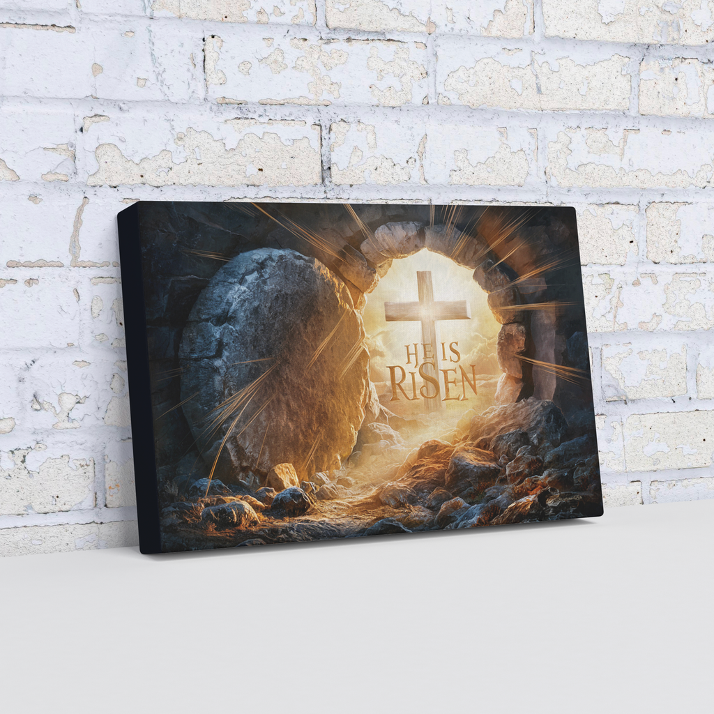 "He is Risen" -Open Tomb and Cross, Christian Gallery Wrapped Canvas, Easter Wall Art