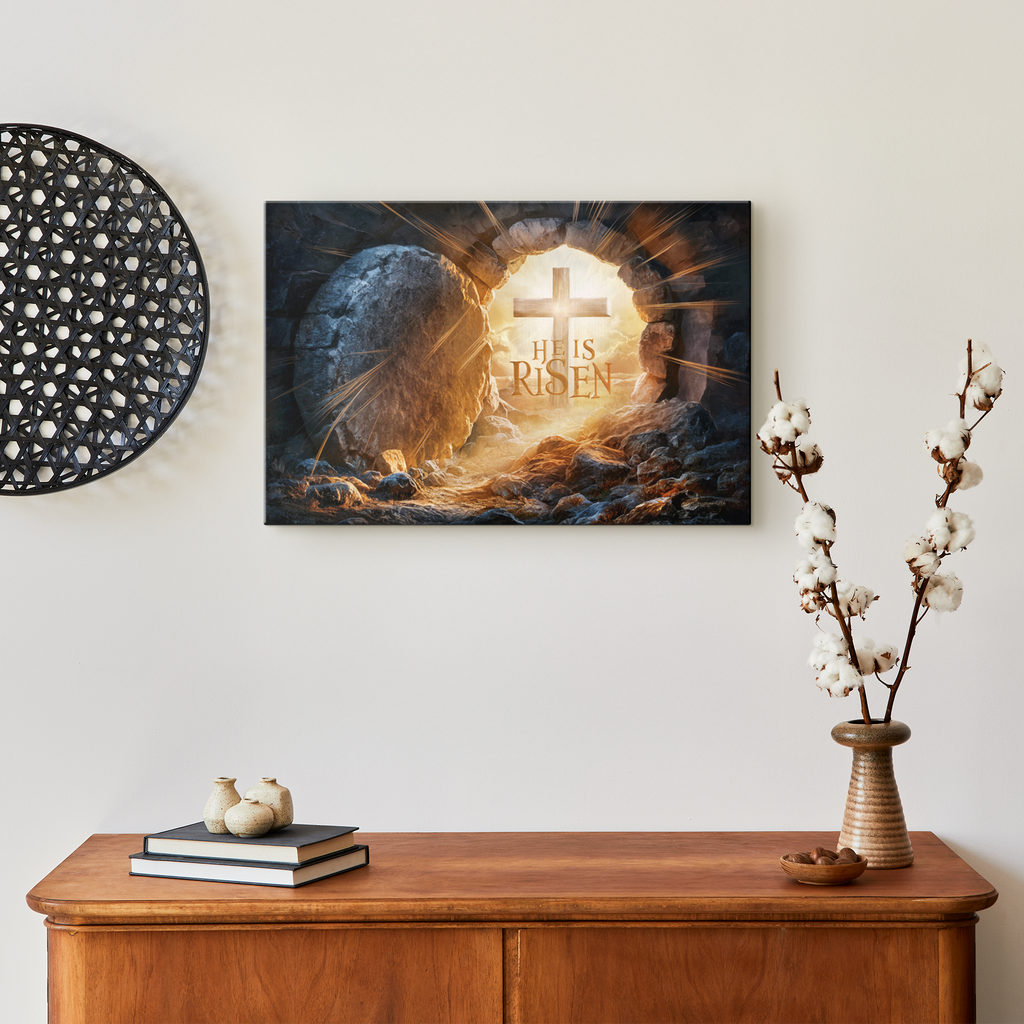 "He is Risen" -Open Tomb and Cross, Christian Gallery Wrapped Canvas, Easter Wall Art