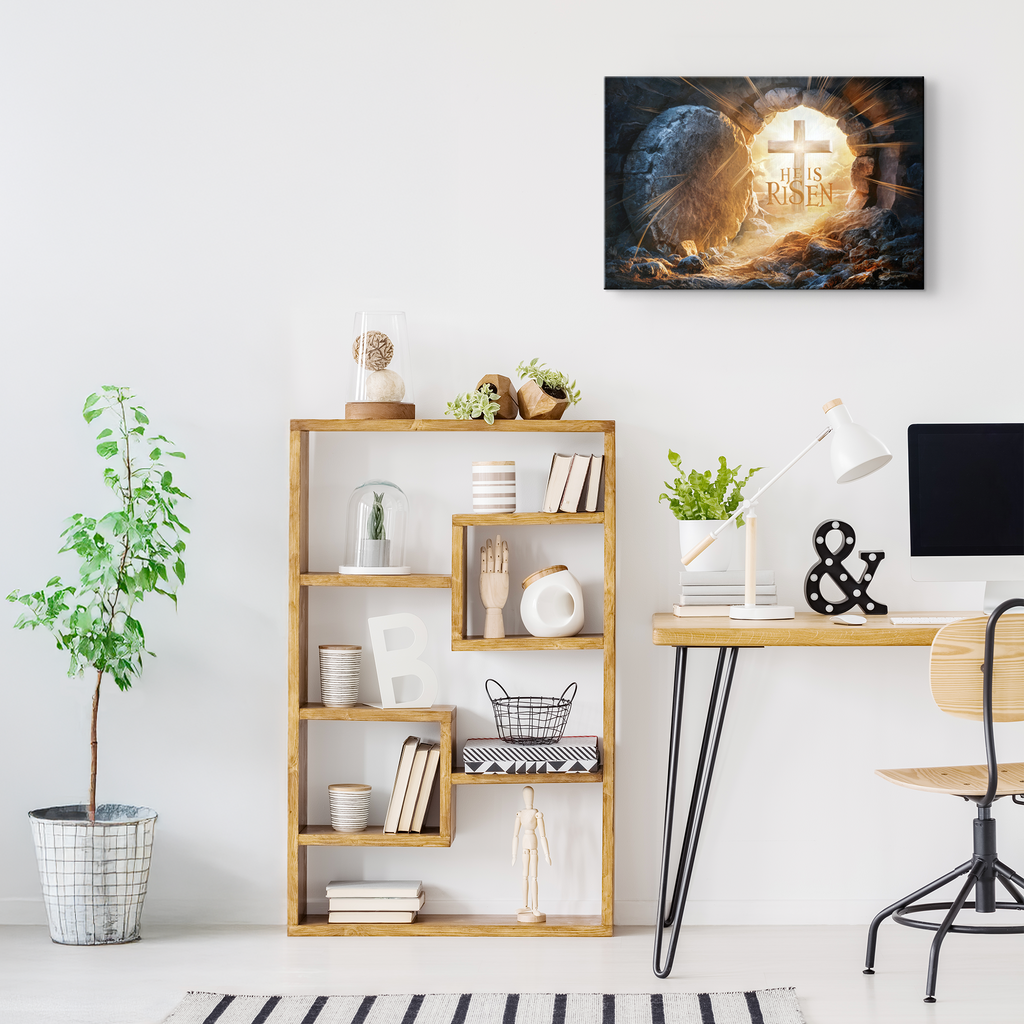"He is Risen" -Open Tomb and Cross, Christian Gallery Wrapped Canvas, Easter Wall Art