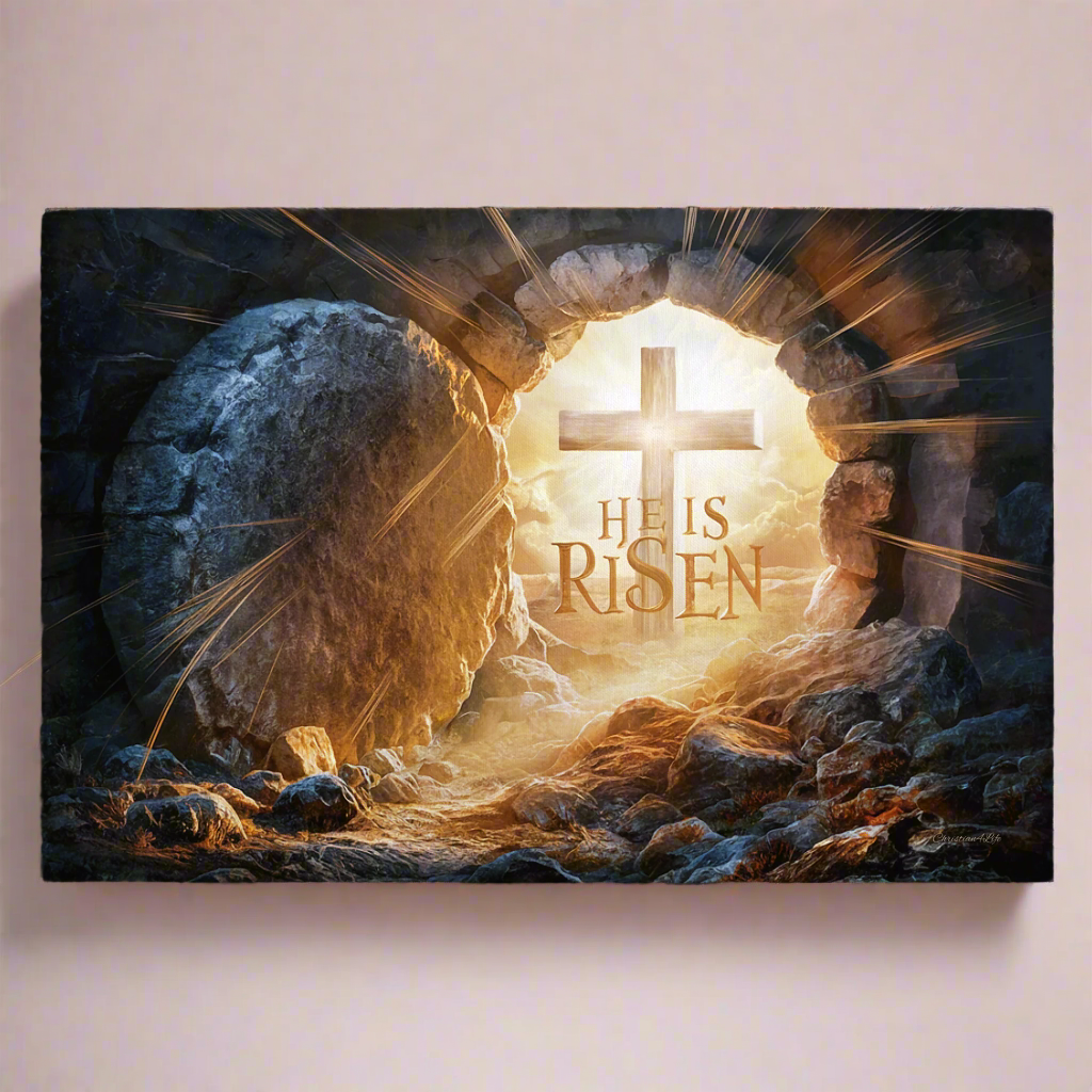 "He is Risen" -Open Tomb and Cross, Christian Gallery Wrapped Canvas, Easter Wall Art