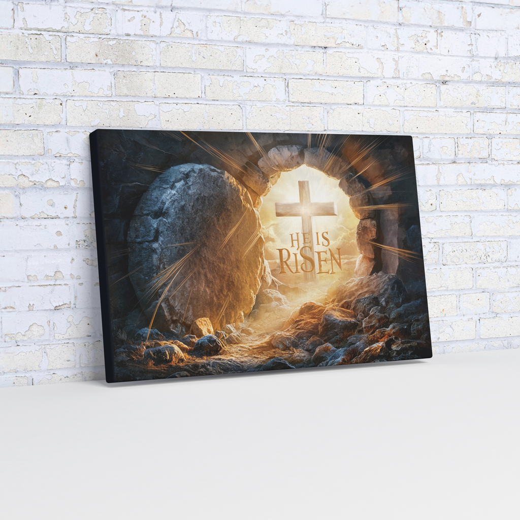 "He is Risen" -Open Tomb and Cross, Christian Gallery Wrapped Canvas, Easter Wall Art