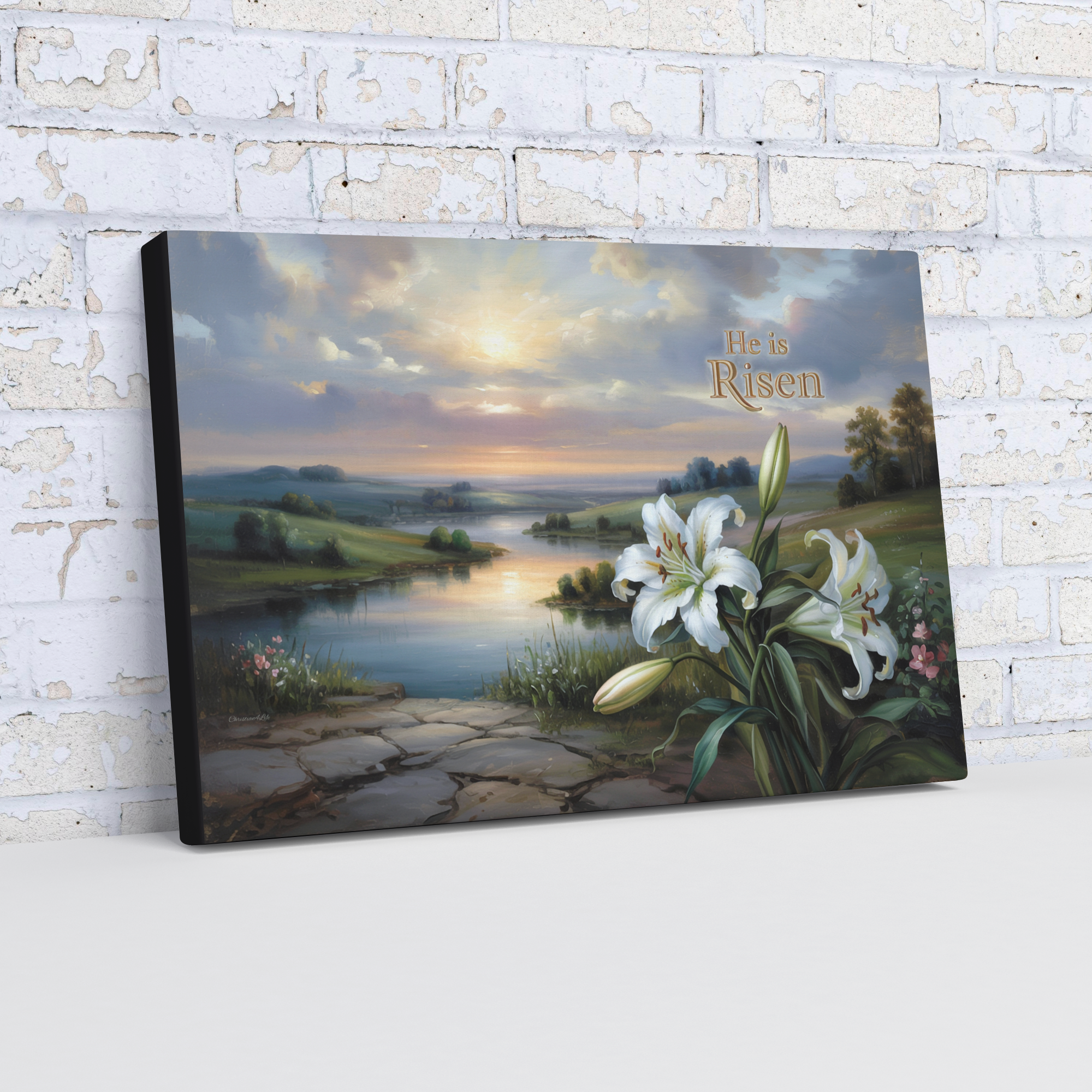 "He is Risen" - A serene sunrise landscape and lilies. Christian Easter wall art, Gallery wrapped Canvas Print