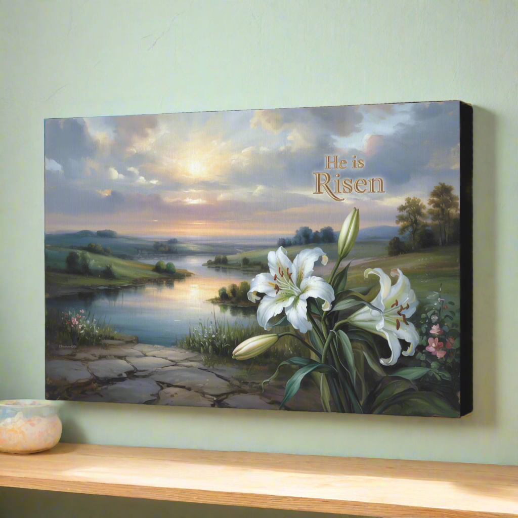 "He is Risen" - A serene sunrise landscape and lilies. Christian Easter wall art, Gallery wrapped Canvas Print