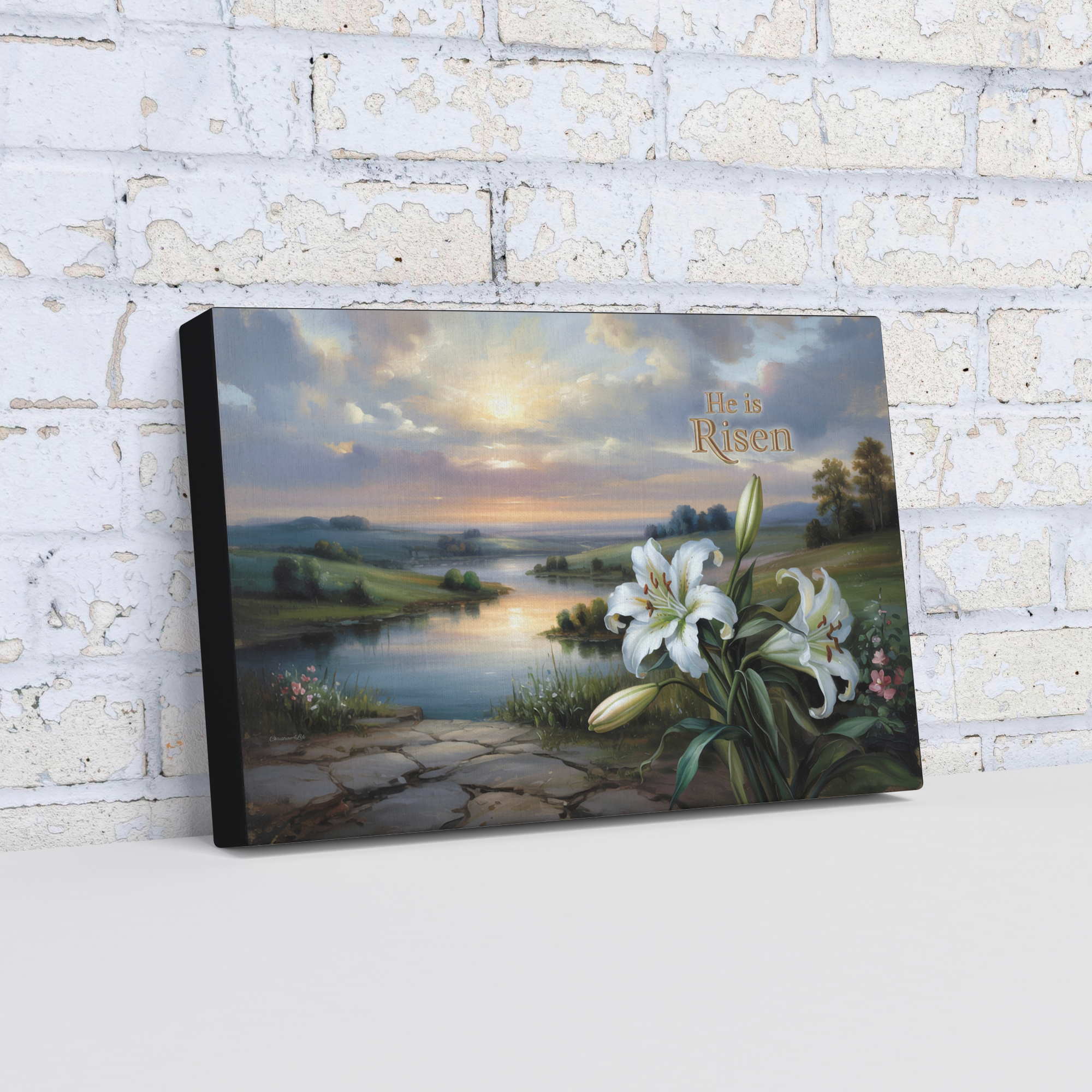 "He is Risen" - A serene sunrise landscape and lilies. Christian Easter wall art, Gallery wrapped Canvas Print