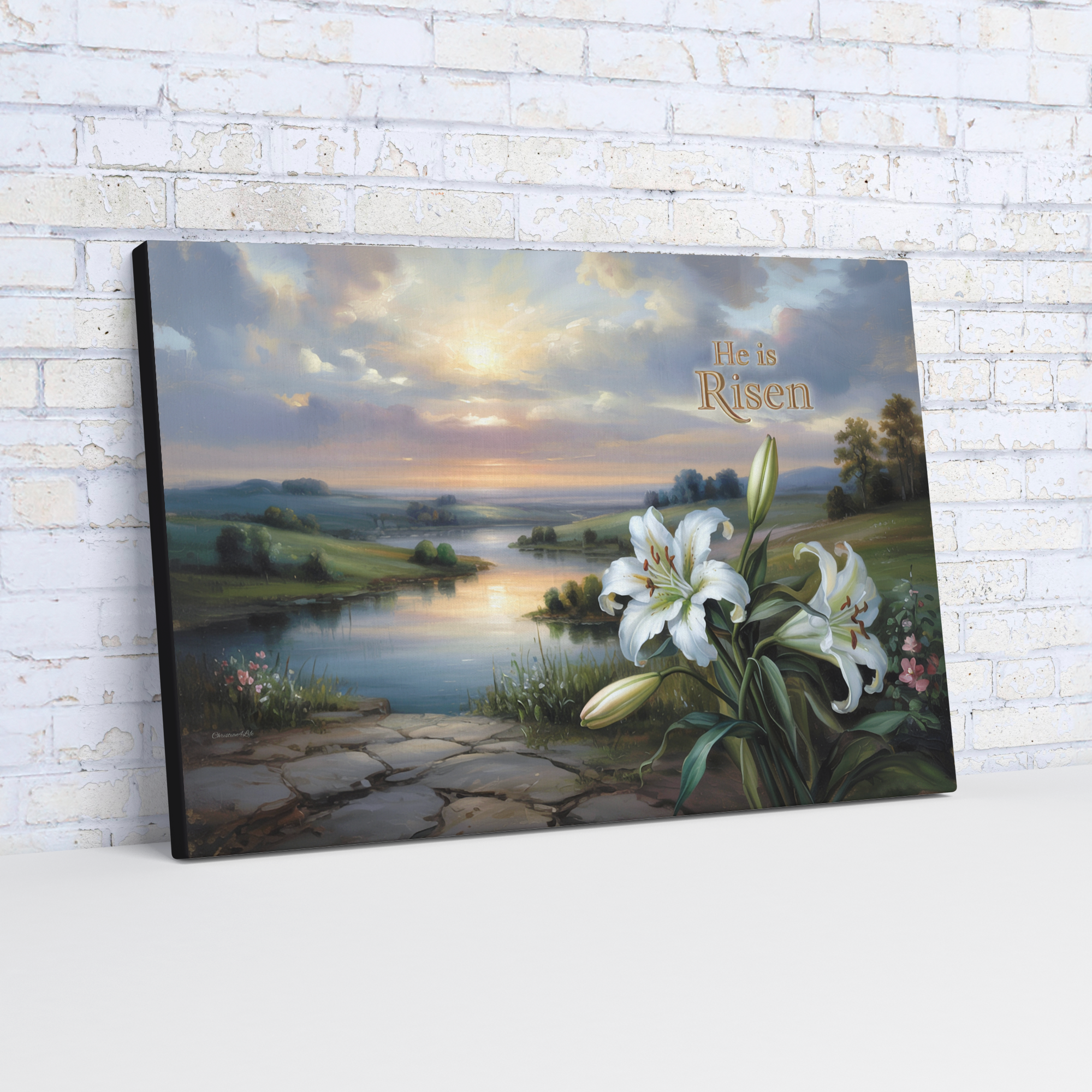 "He is Risen" - A serene sunrise landscape and lilies. Christian Easter wall art, Gallery wrapped Canvas Print