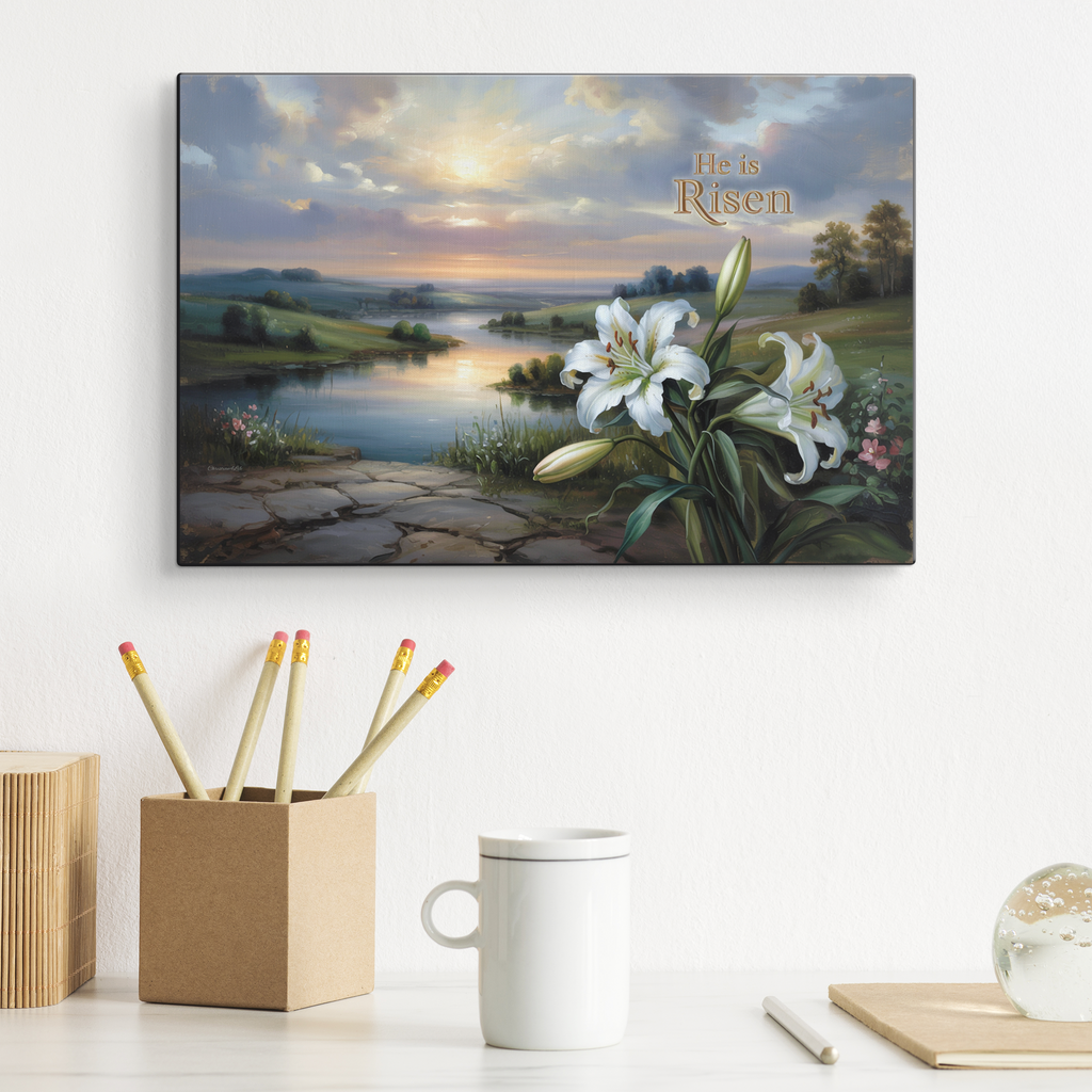 "He is Risen" - A serene sunrise landscape and lilies. Christian Easter wall art, Gallery wrapped Canvas Print