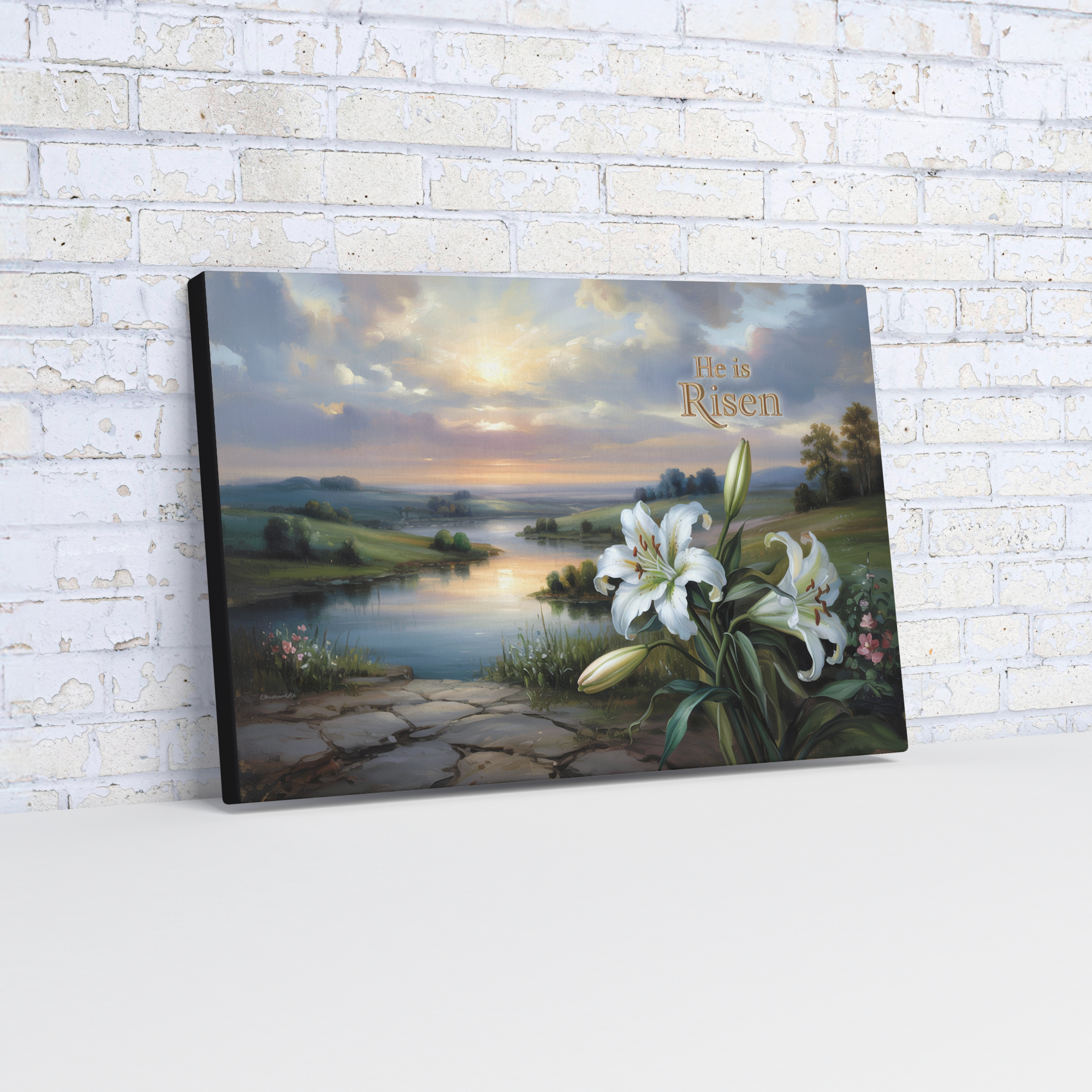 "He is Risen" - A serene sunrise landscape and lilies. Christian Easter wall art, Gallery wrapped Canvas Print
