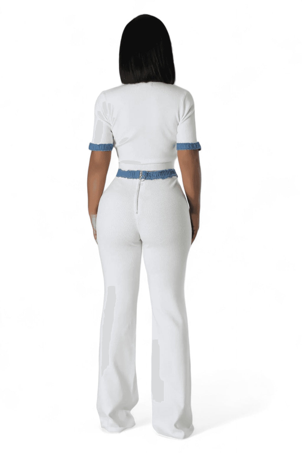 Two Piece Knit Pants Set with Denim Trim