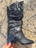 Thea Mid-Calf Faux Leather Black Slouchy Heeled Boot