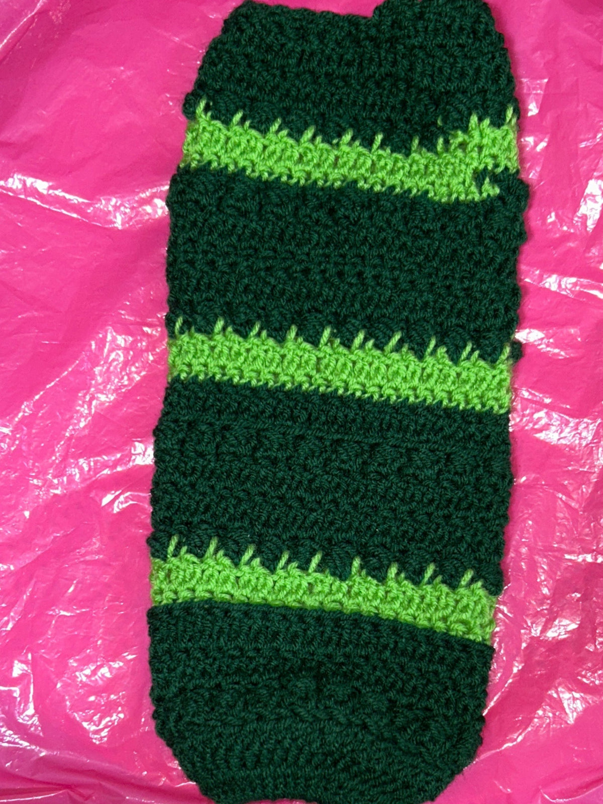 Plastic bag holder hand crocheted in green & lime green.