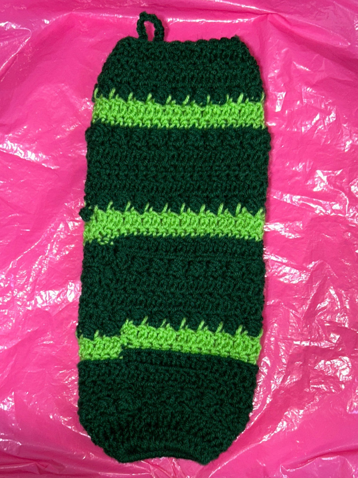 Plastic bag holder hand crocheted in green & lime green.