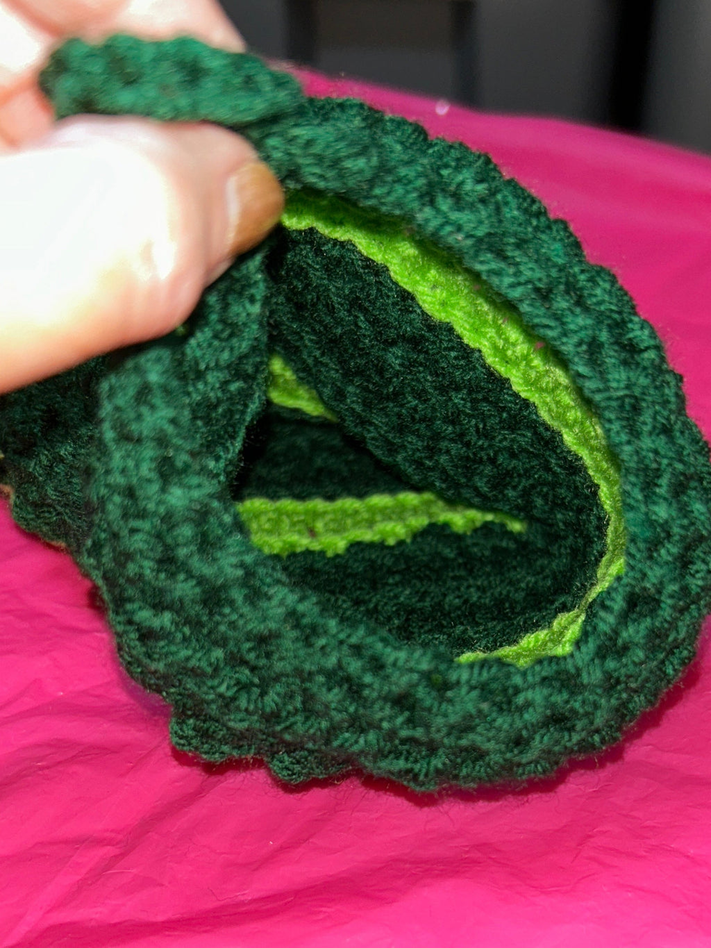 Plastic bag holder hand crocheted in green & lime green.
