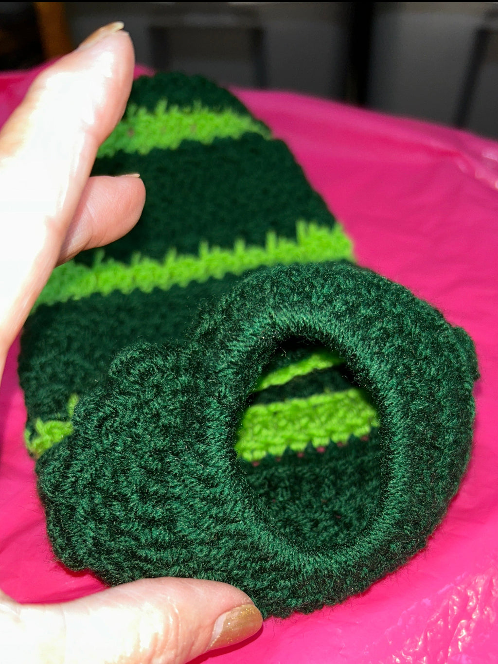 Plastic bag holder hand crocheted in green & lime green.