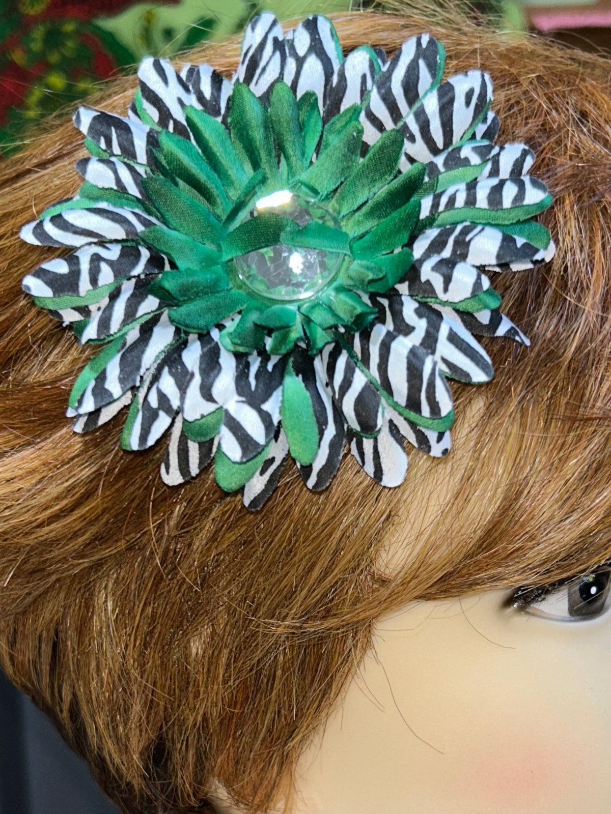 Multicolored zebra floral hair clips.
