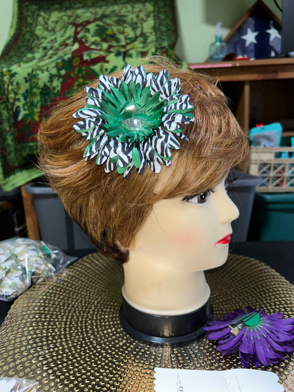 multicolored zebra print floral hair clips.