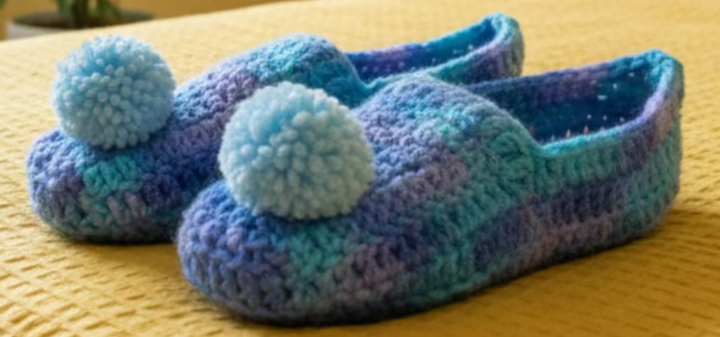 A Pair of Handmade Crocheted Slippers/Booties In Shades of Blue & Lavender