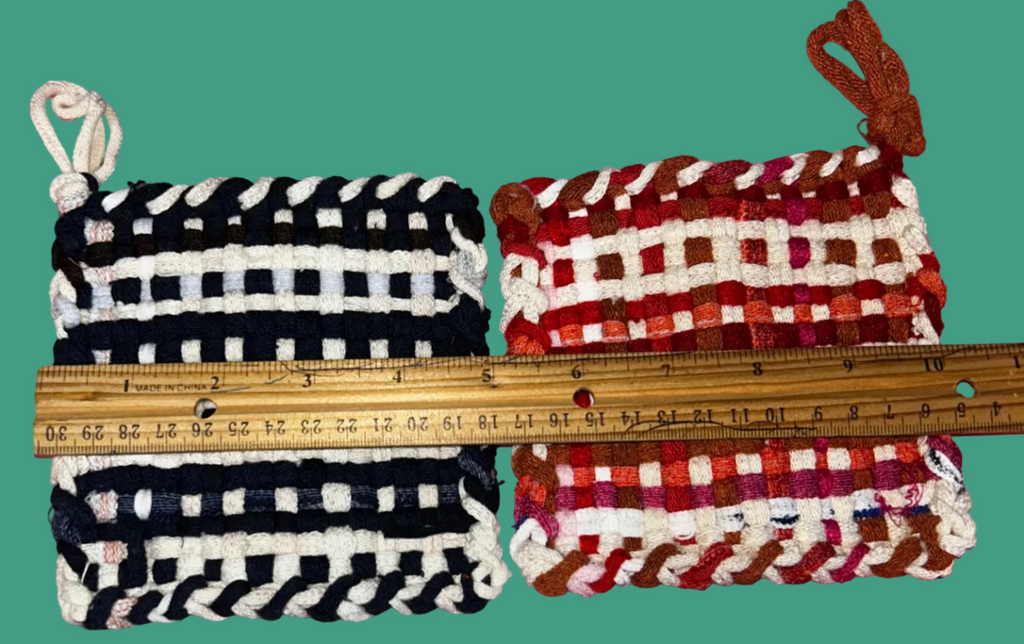 2 Small Handmade Woven Potholders in Red, White & Black.