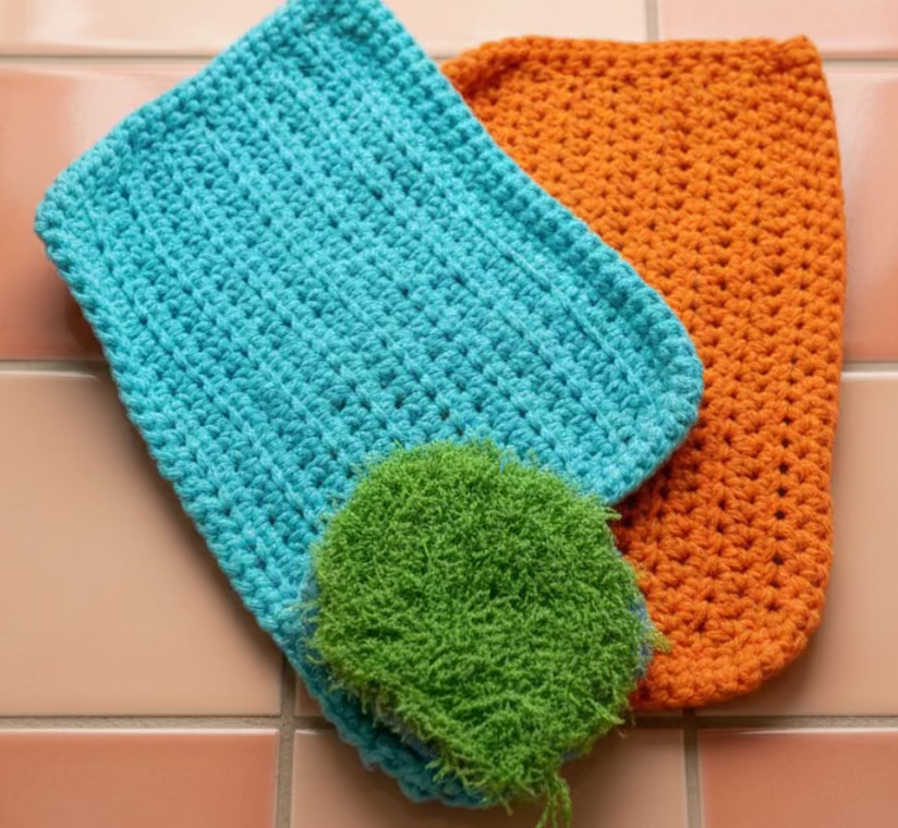 A Pair of Handcrafted Crocheted Dishcloths  & a Green Round Scrubbie