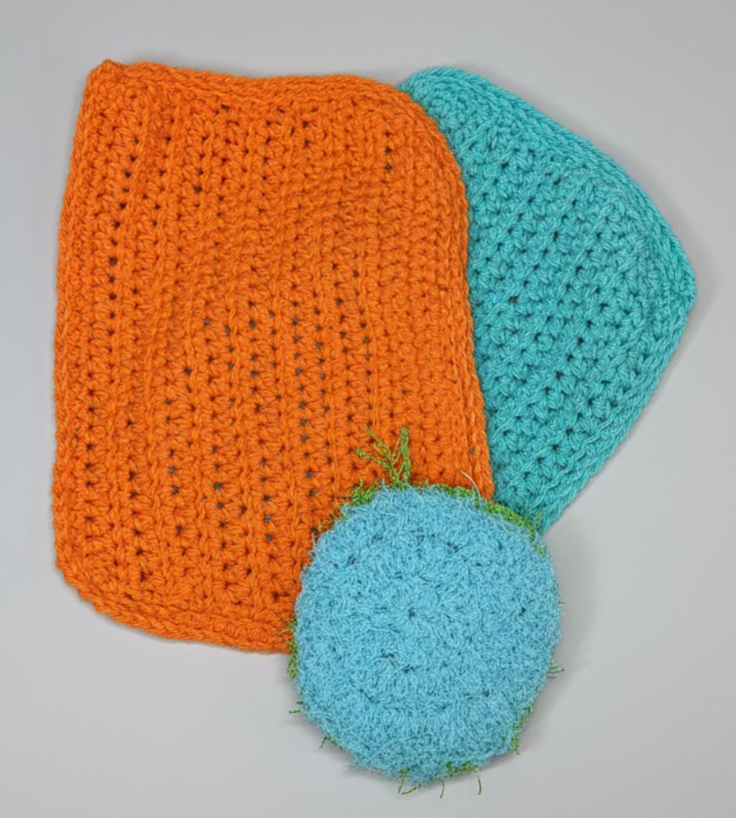 A Pair of Handcrafted Crocheted Dishcloths  & a Green Round Scrubbie