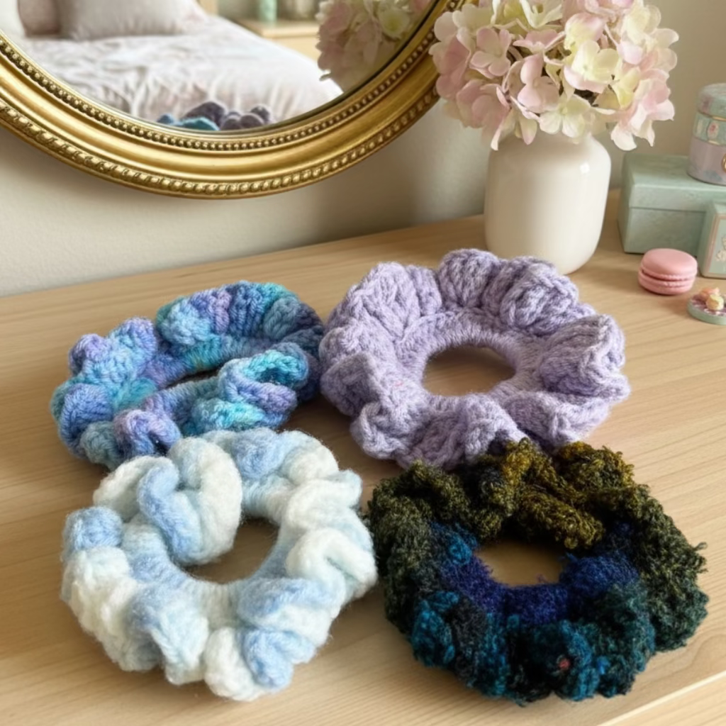 4 Handcrafted Crocheted Scrunchies for Ponytail or Bun