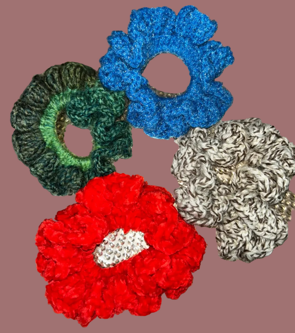 Handmade Crocheted Hair Scrunchies in Red, Blue & Green