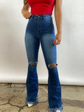 Farrah Denim Distressed High Waisted Flares - Medium Wash