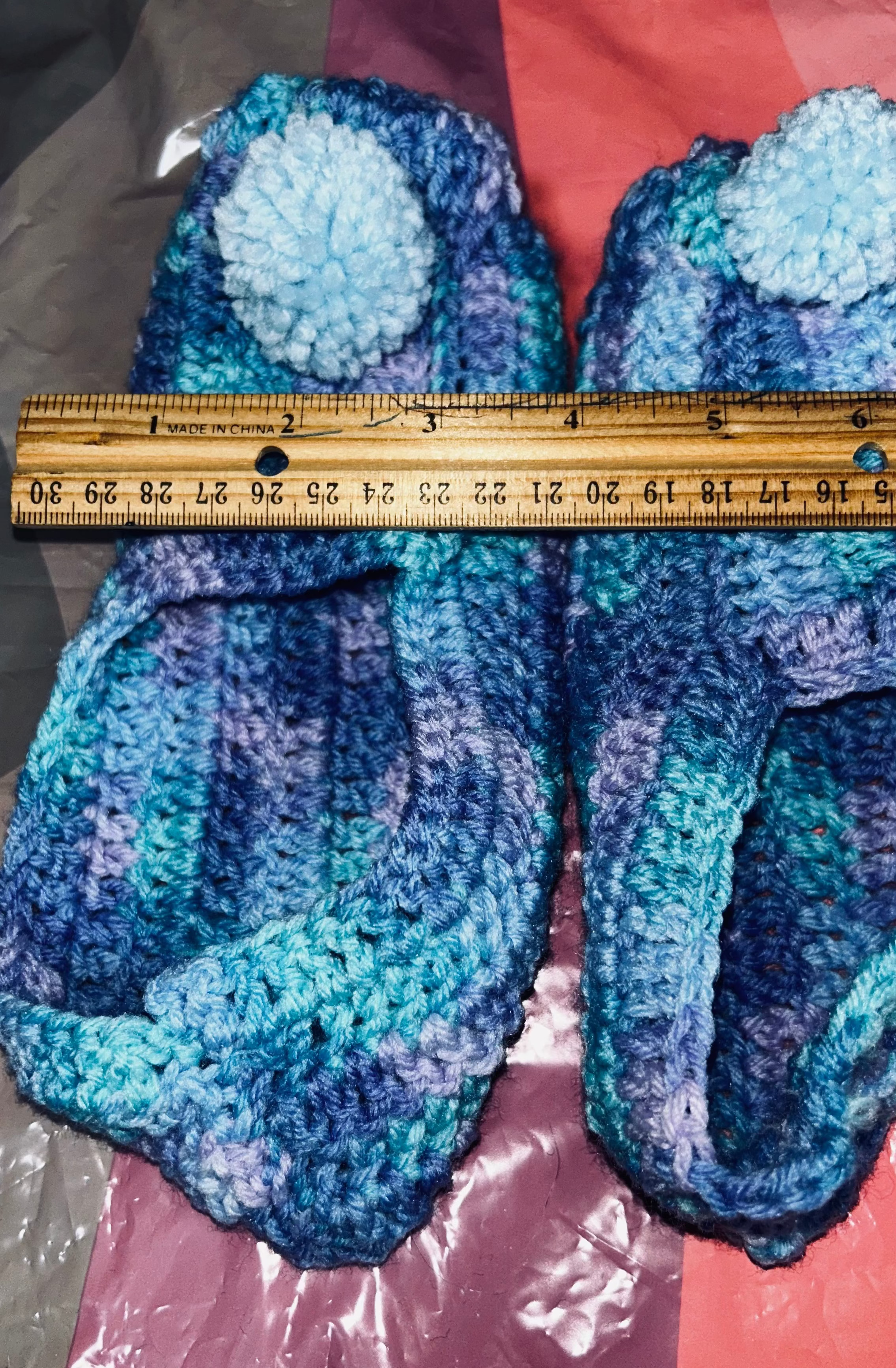 A Pair of Handmade Crocheted Slippers/Booties In Shades of Blue & Lavender