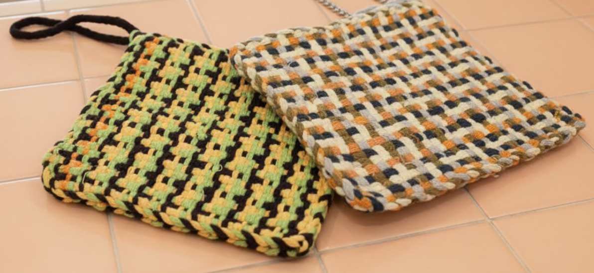 2 Woven Handmade Potholders or Hot mats in Yellow, Black & Orange