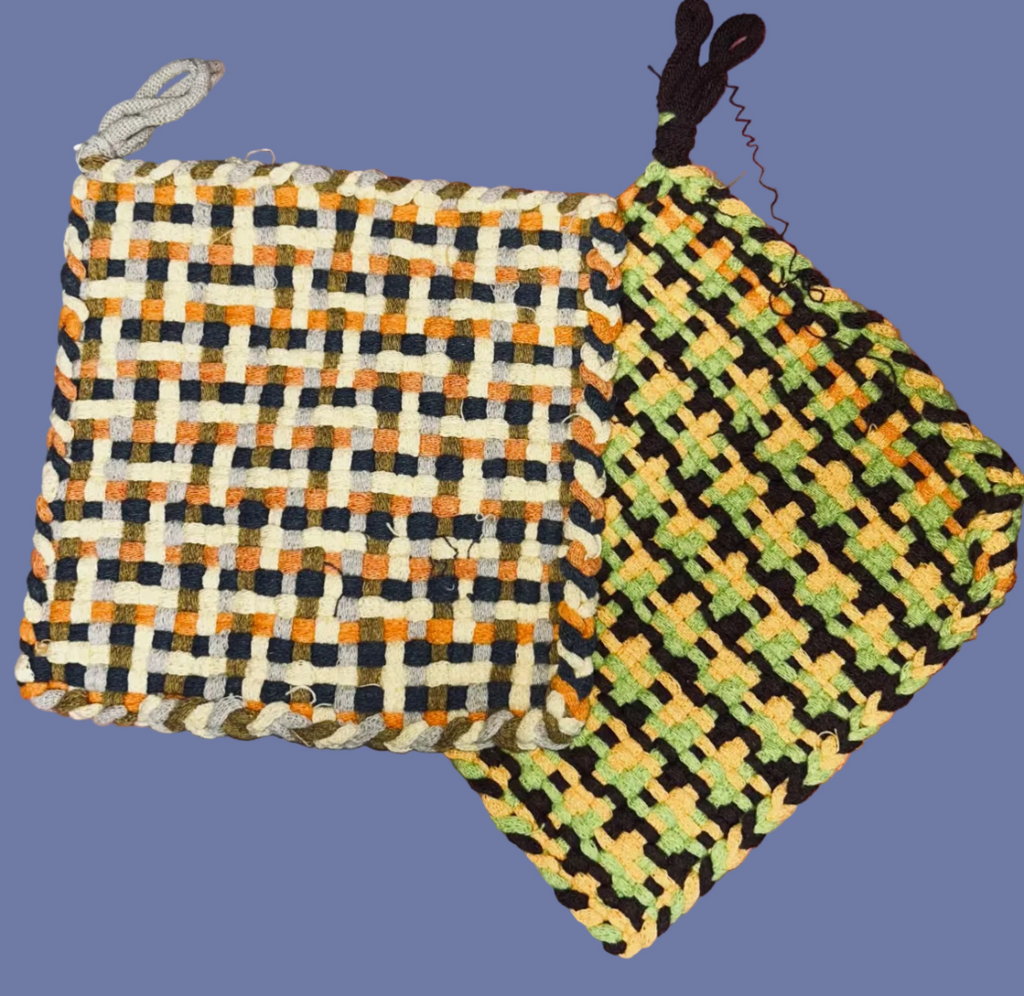 2 Woven Handmade Potholders or Hot mats in Yellow, Black & Orange