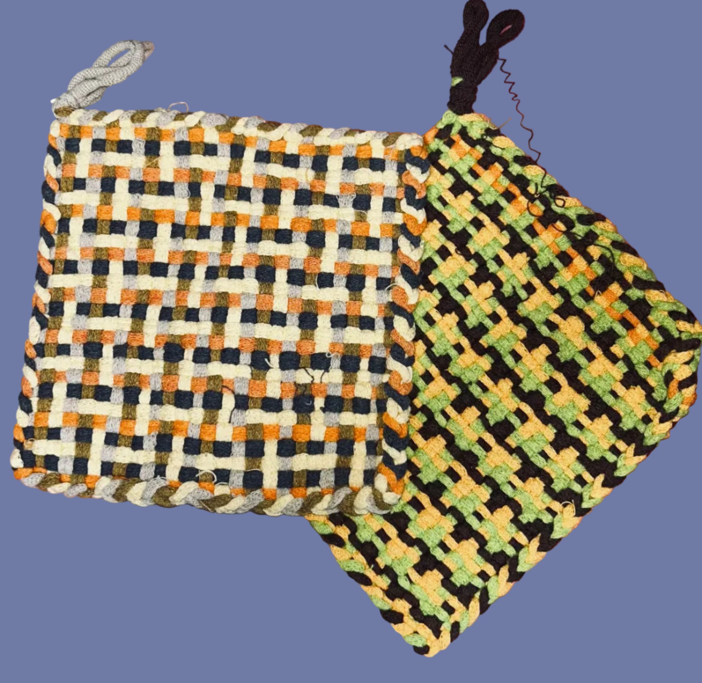 2 Woven Handmade Potholders or Hot mats in Yellow, Black & Orange