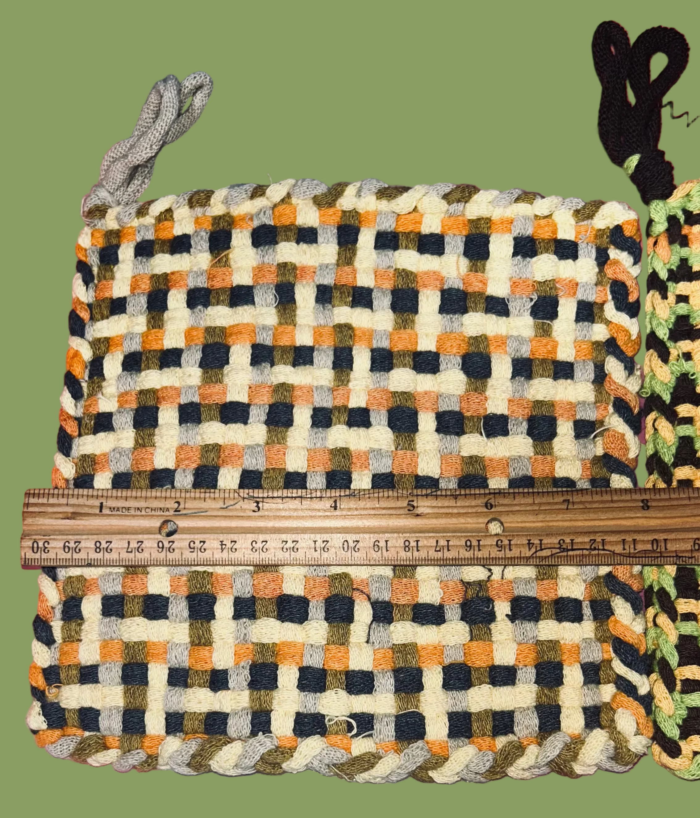 2 Woven Handmade Potholders or Hot mats in Yellow, Black & Orange