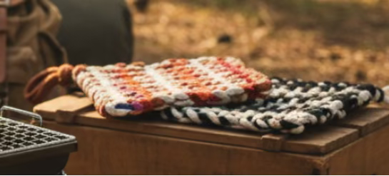2 Small Handmade Woven Potholders in Red, White & Black.