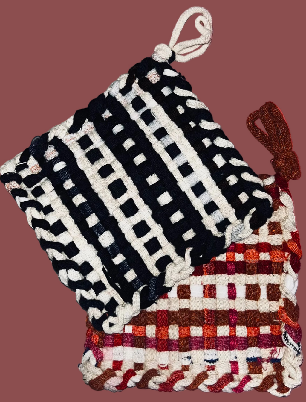 2 Small Handmade Woven Potholders in Red, White & Black.