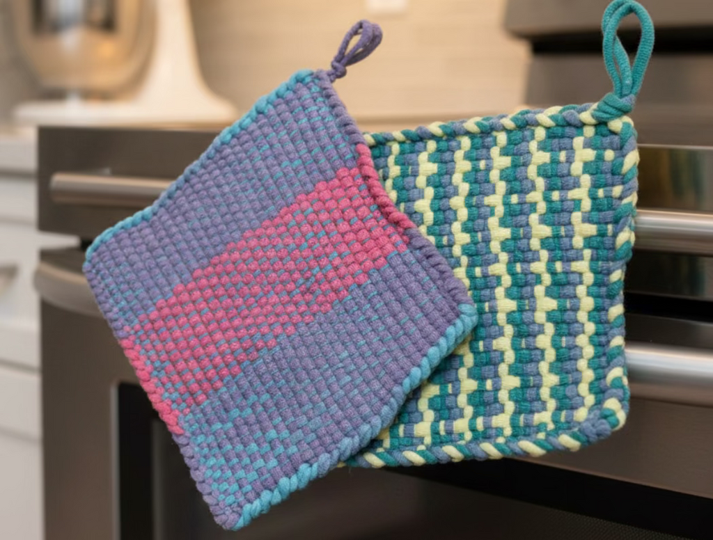 A Set of 2 Woven Handmade Potholders or Hot mats.