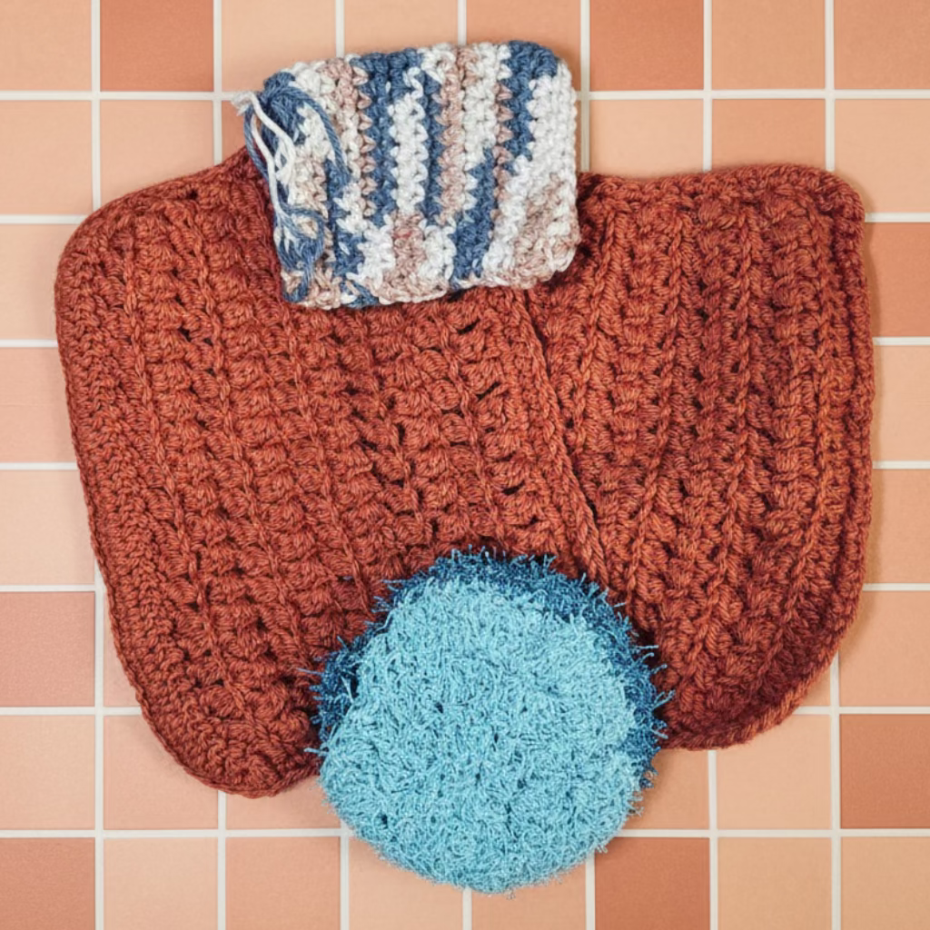 A Pair of Washcloths, Handmade Crocheted with a drawstring bag & scrubbie.