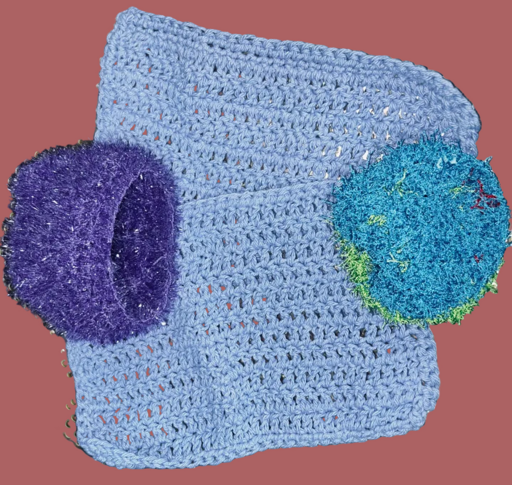 A Set of 2 Washcloths with 2 Scrubbies in Blue, Purple & Green.
