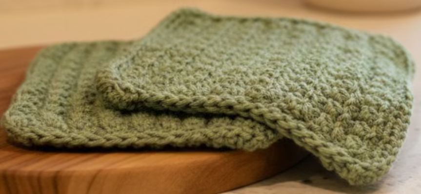 2 handmade crocheted green washcloths.