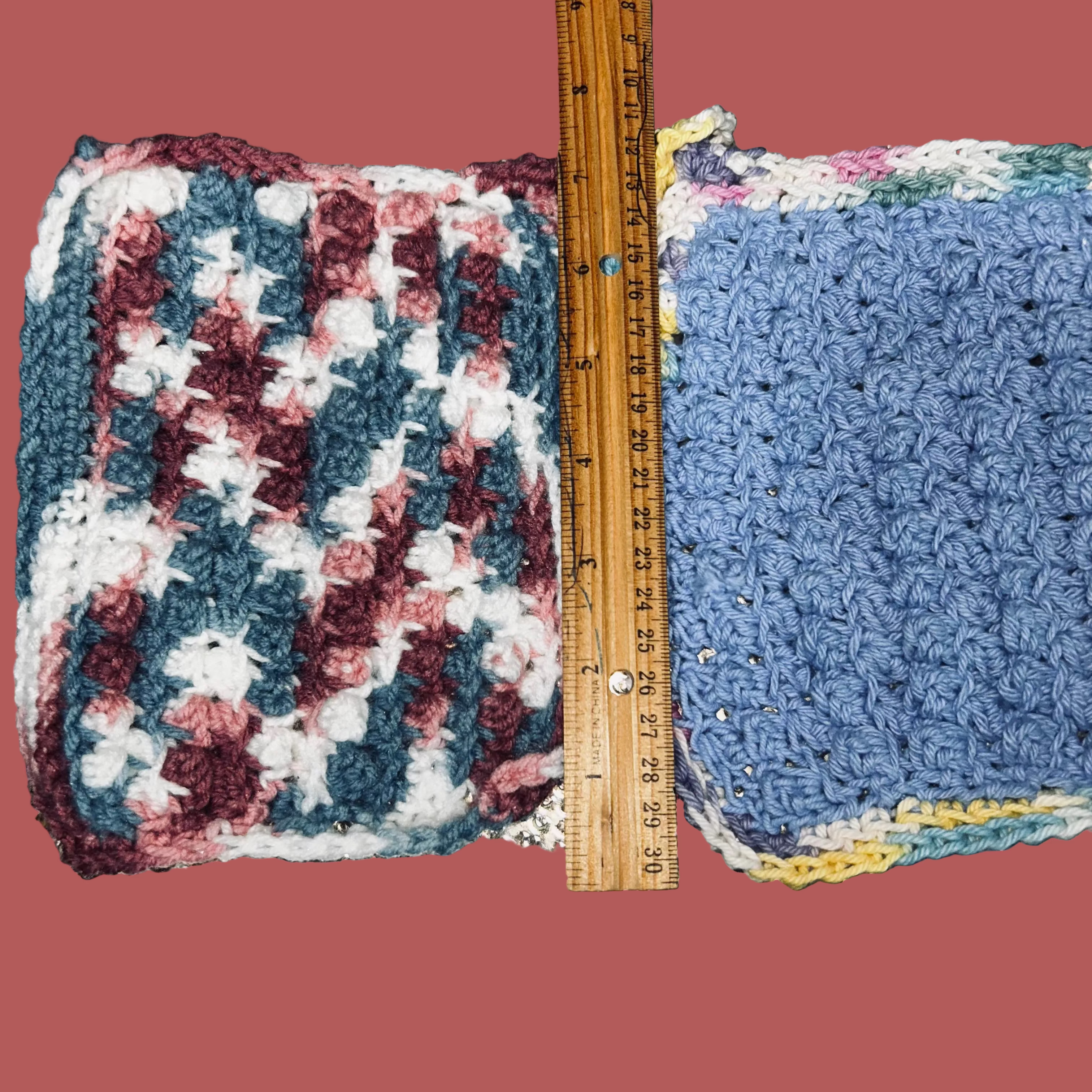 2 handmade crocheted washcloths with drawstring bag for soap.