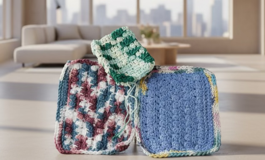 2 handmade crocheted washcloths with drawstring bag for soap.