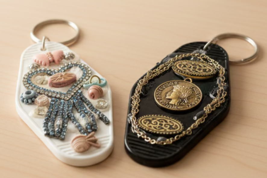 A pair of decorated retro motel key chains.
