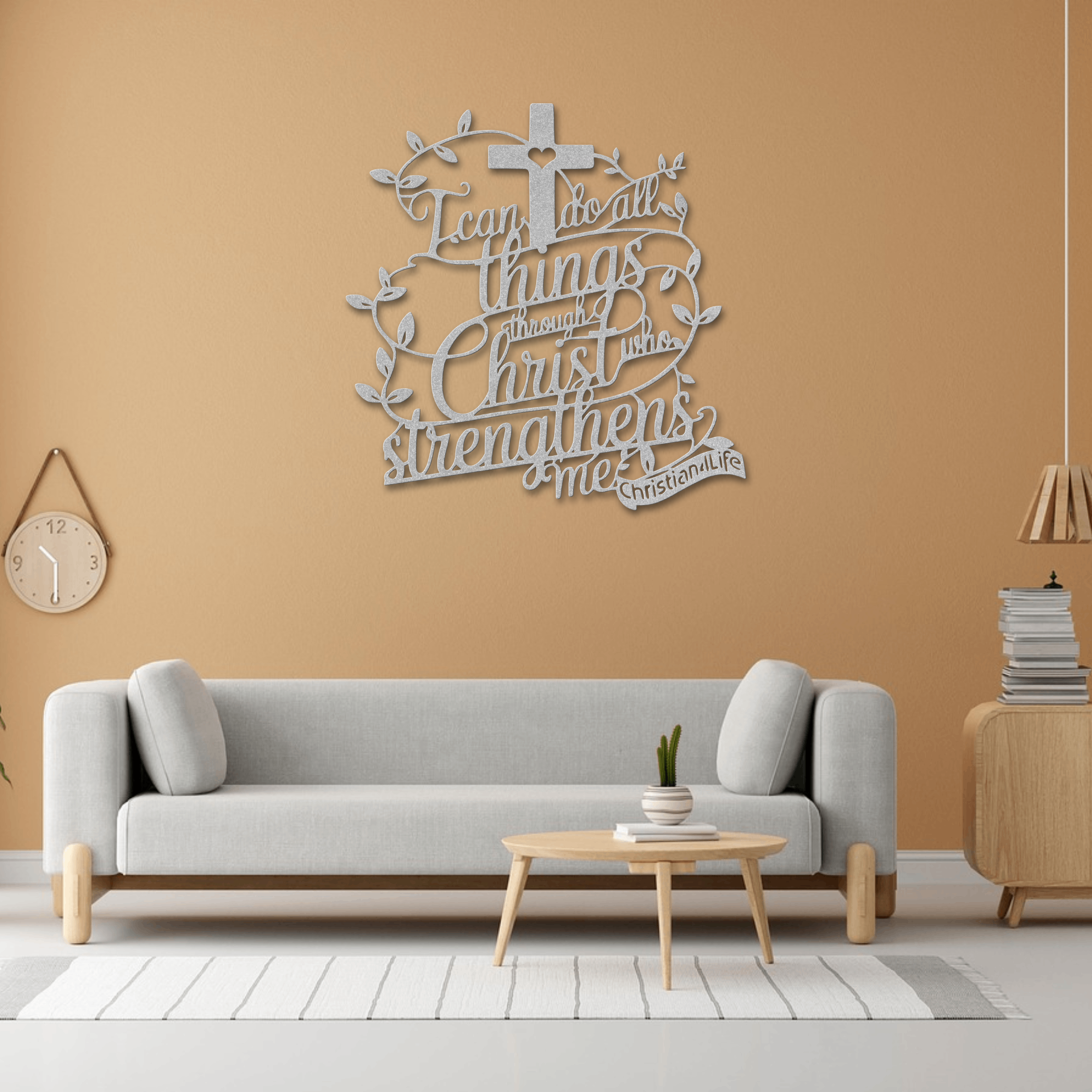 "I can do all things through Christ who strengthens me" Christian die-cut metal sign-(with Heart)-red or silver