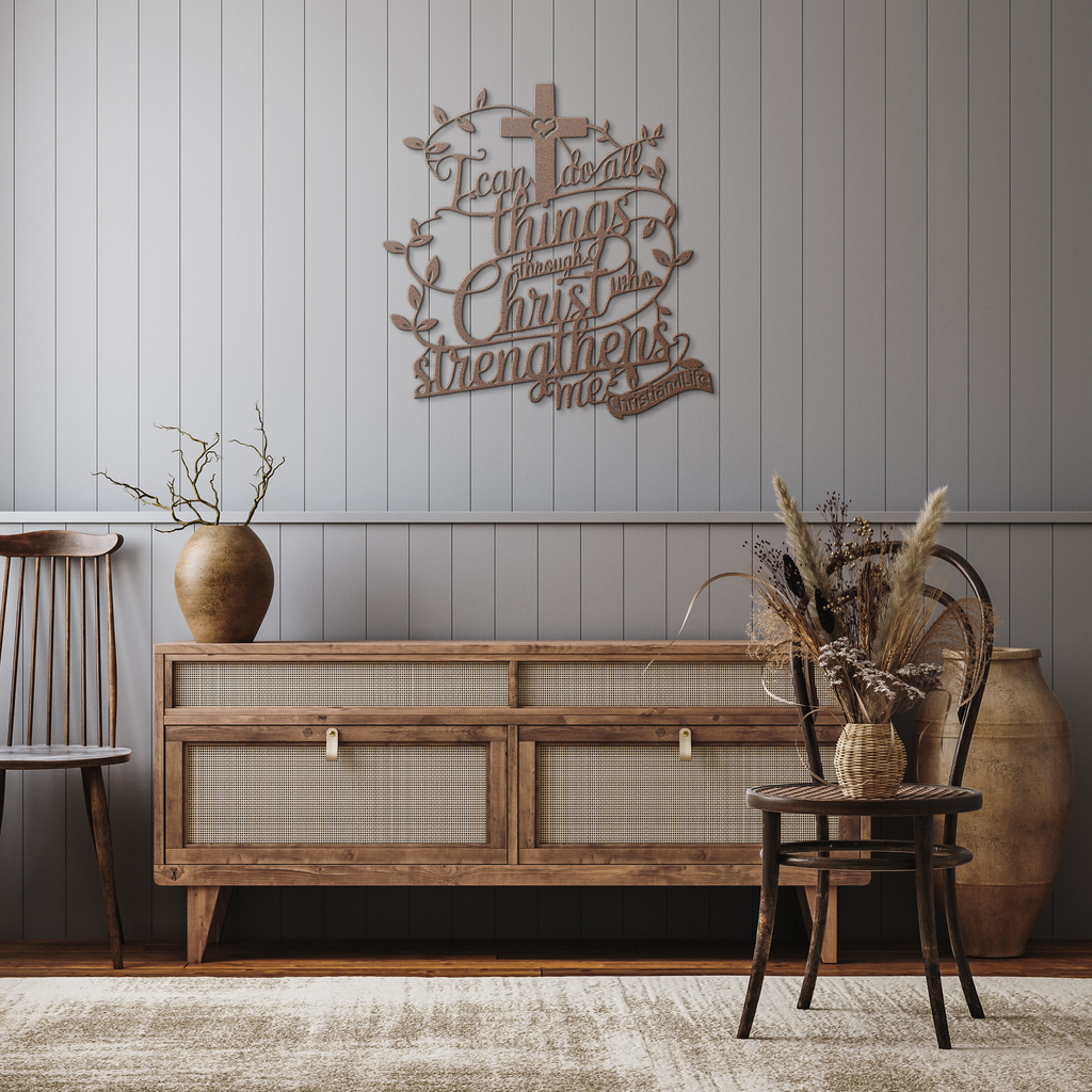 "I can do all things through Christ who strengthens me" Christian die-cut steel metal sign (with traced Heart)
