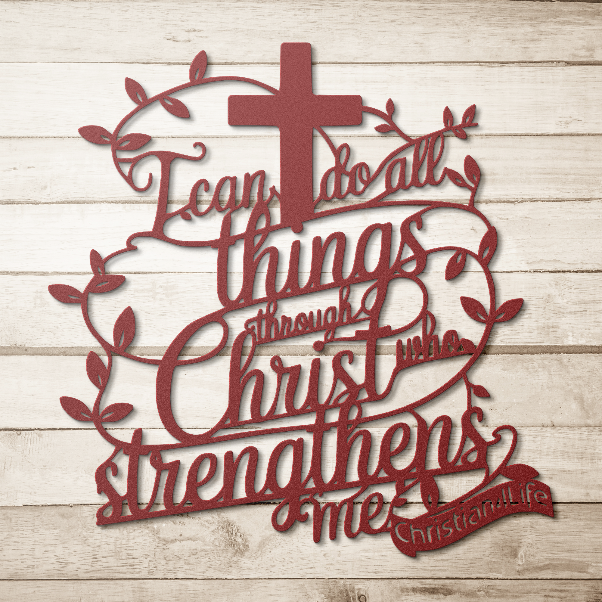 "I can do all things through Christ who strengthens me" Christian die-cut metal sign, Christian Metal Sign, Christian Metal Wall Art (red or silver)