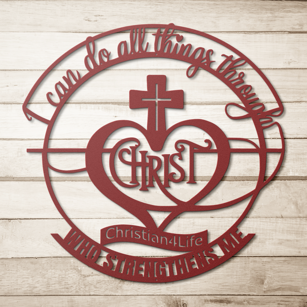 "I can do all things through Christ who strengthens me" Christian die-cut sign, Christian Metal Wall Art - Christian Steel Wall Decor (red and silver)