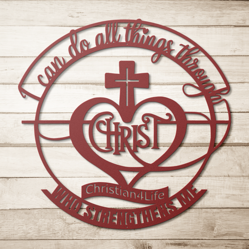"I can do all things through Christ who strengthens me" Christian die-cut sign, Christian Metal Wall Art - Christian Steel Wall Decor (red and silver)